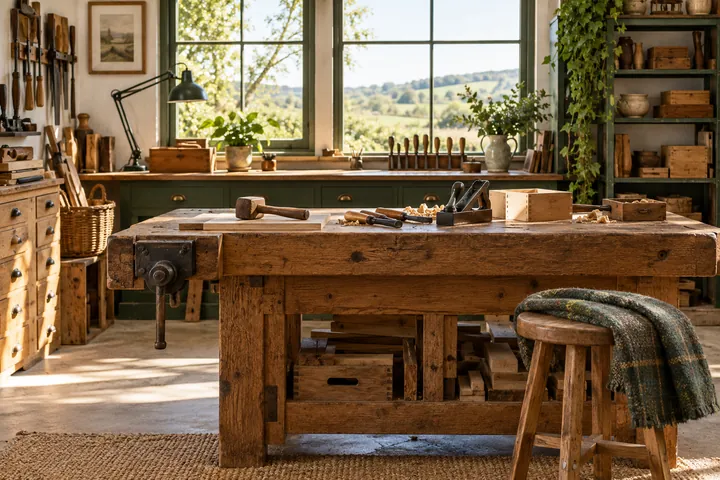 An organised craft workshop with a wooden workbench