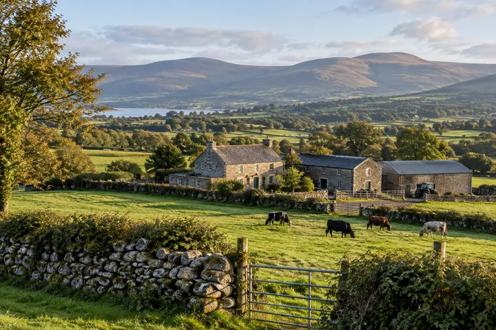 Farm buildings surrounded by fields and hedgerows