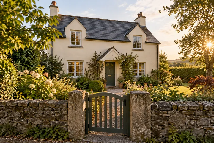 A house with a garden and an open gate