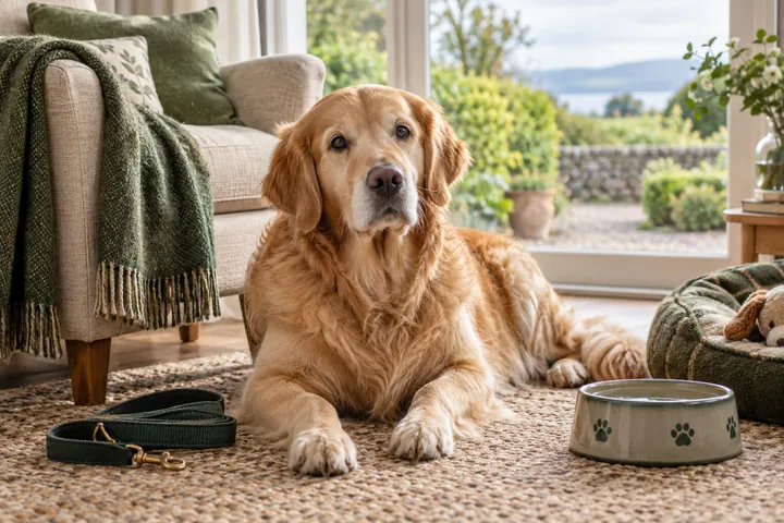 A dog resting beside a chair at home