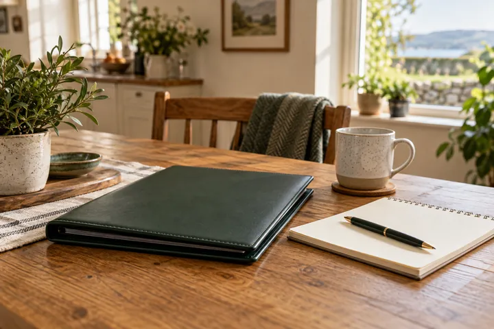 A folder, notebook and pen arranged on a table
