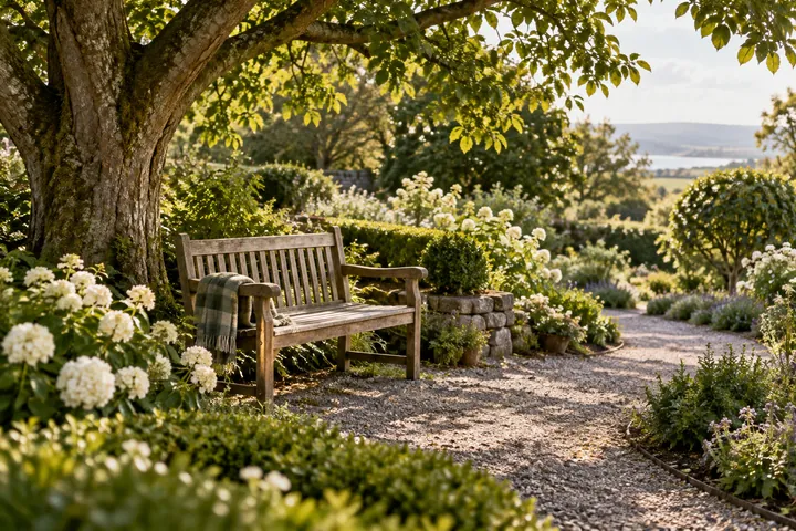 A quiet garden path and a bench beneath a tree