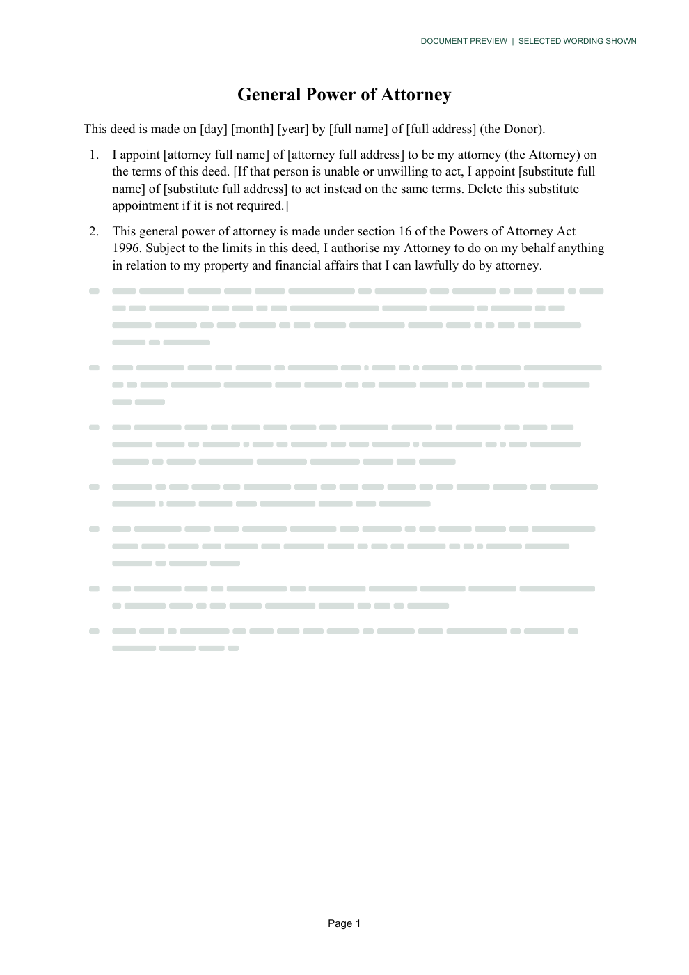 Preview of an IrishWills.ie general power of attorney form