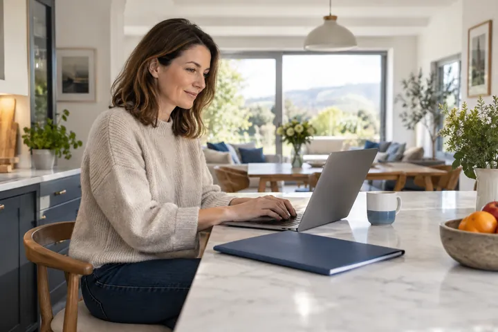 A woman using a laptop at a kitchen island