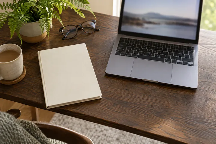 A booklet and laptop arranged on a desk