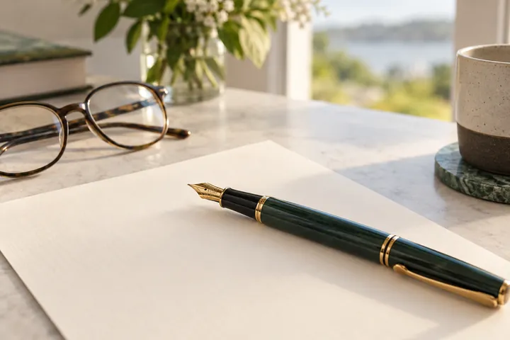 A fountain pen resting on a blank sheet of paper