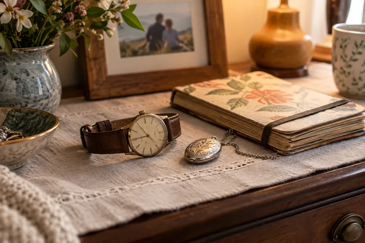 Personal keepsakes on a linen-covered dresser