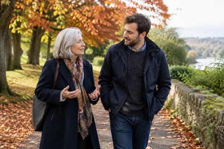 Two generations walking together along a park path
