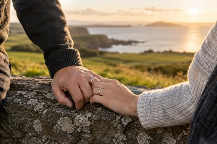 A married couple holding hands beside a stone wall