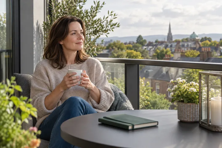 A woman with a journal on a quiet balcony
