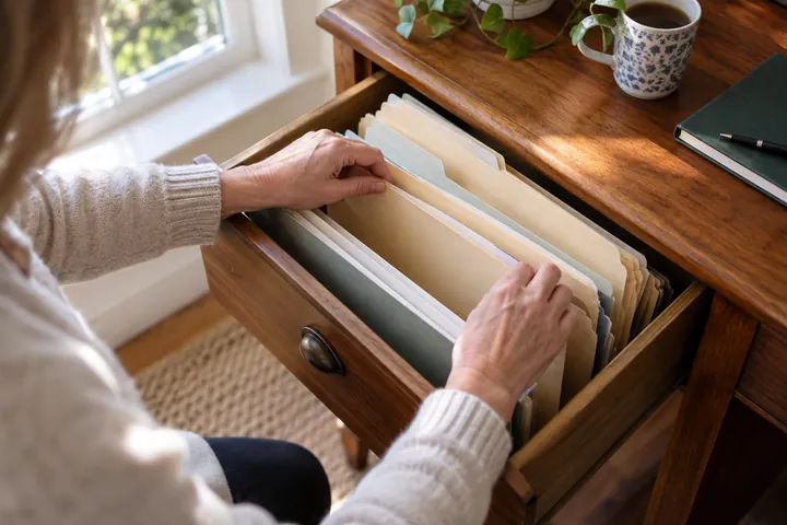 Hands organising folders in a desk drawer