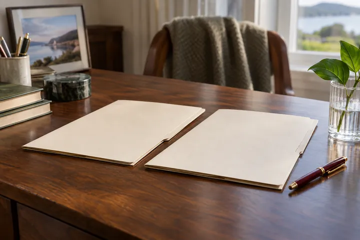 Two document folders beside a burgundy pen