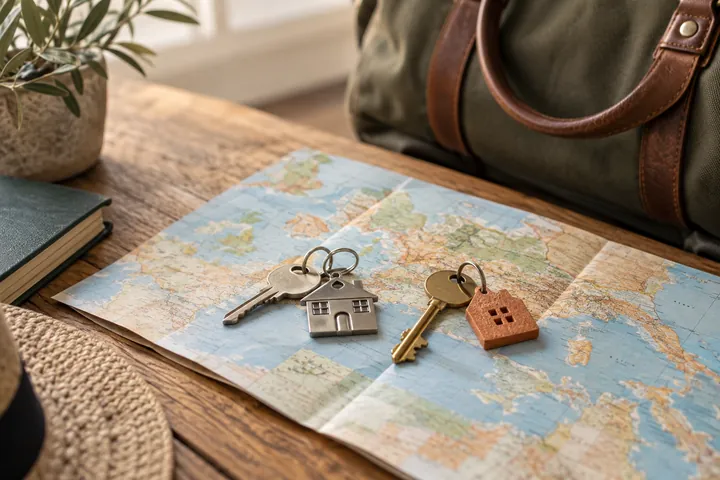 Two house keys resting on a folded map