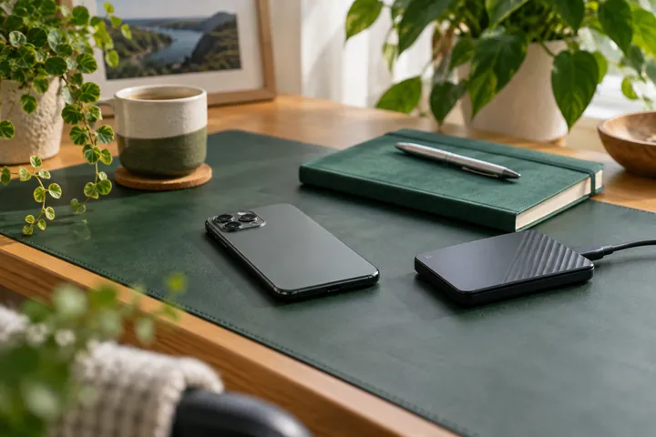 A smartphone, storage drive and notebook on a desk
