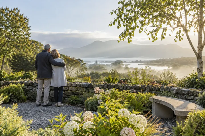 A peaceful garden of remembrance in morning light