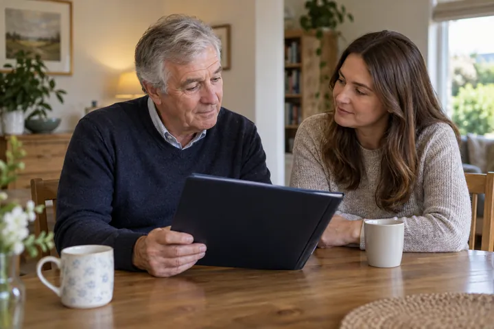 Two adults working through paperwork together at home