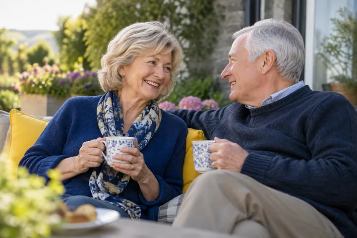 An older couple sharing tea in a garden