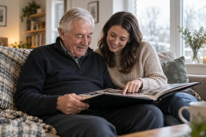 A father and adult daughter looking through a family album