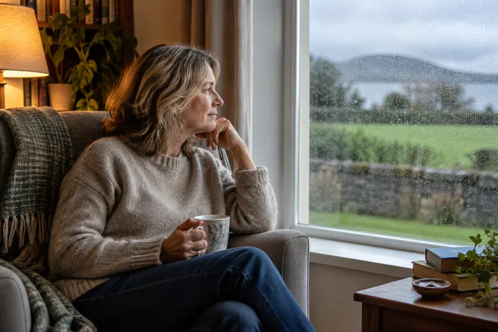 A person reflecting beside a window