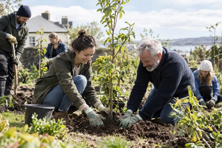 Volunteers planting trees in a community garden