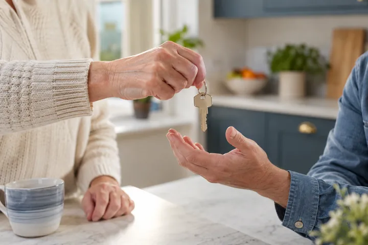 A house key being handed to a trusted person