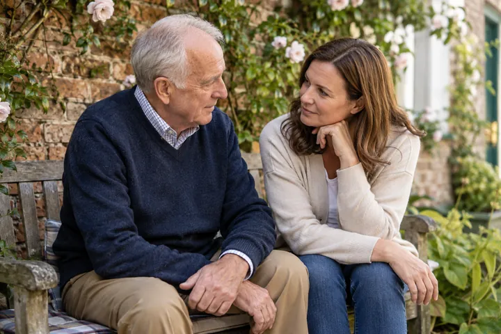 A father and daughter talking on a garden bench