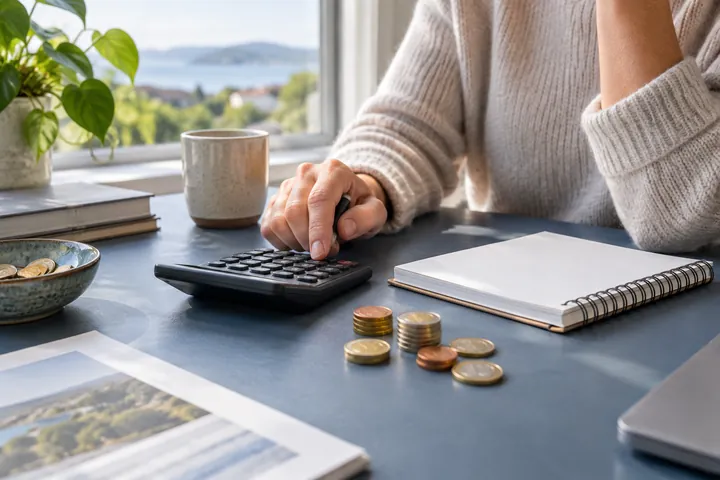 Euro coins beside a calculator and notepad