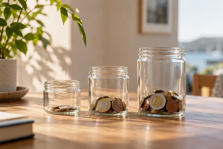Three jars containing different amounts of coins