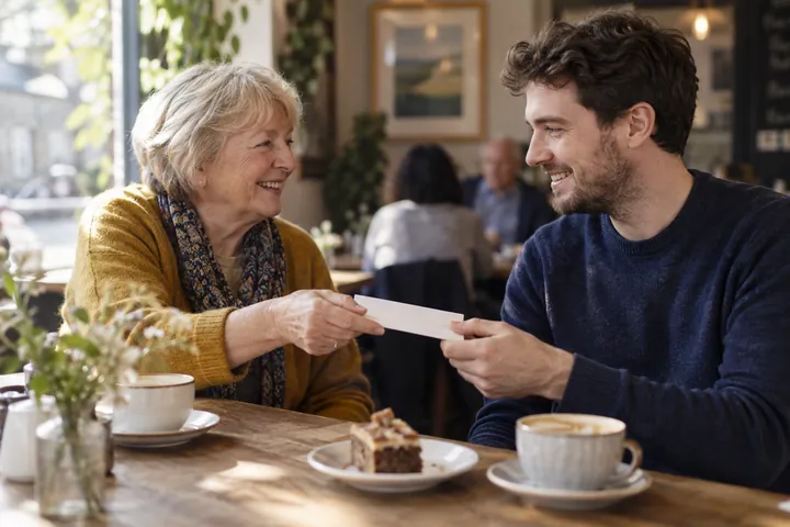 A grandmother handing a gift envelope to an adult grandchild