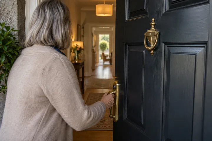 An open front door leading into a family home