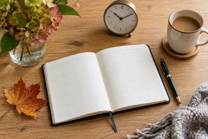 A diary and clock arranged on a tabletop