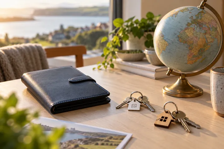 A globe, travel wallet and house keys on a desk