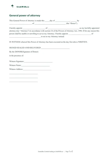 Preview of an IrishWills.ie general power of attorney form