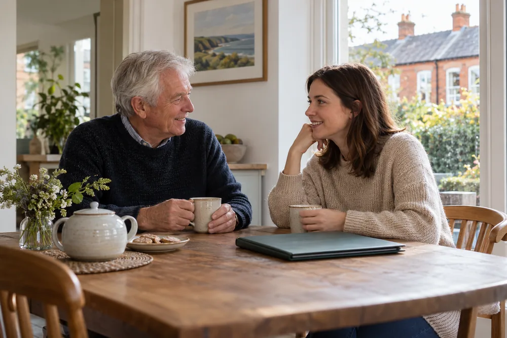 A father and daughter discussing practical matters over a cup of tea