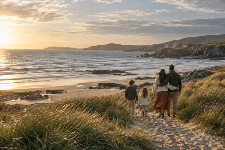 A family walking towards a sheltered beach on the Irish coast