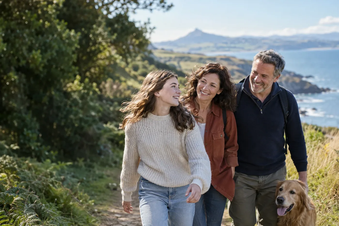 A family and their dog enjoying a coastal walk, with green headlands and the sea behind them