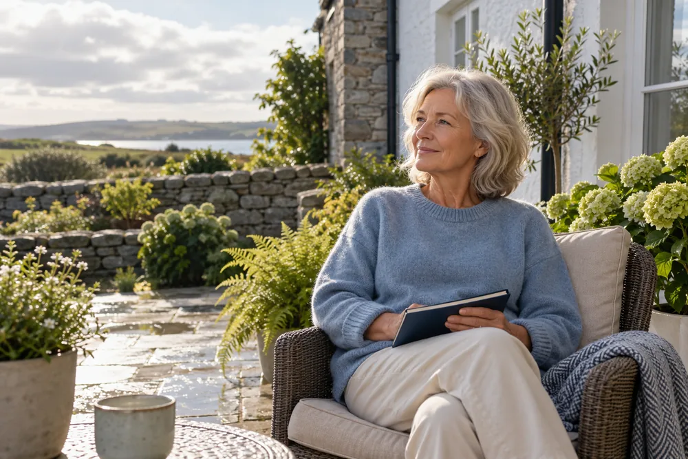 A woman with a notebook enjoying a quiet moment in her garden