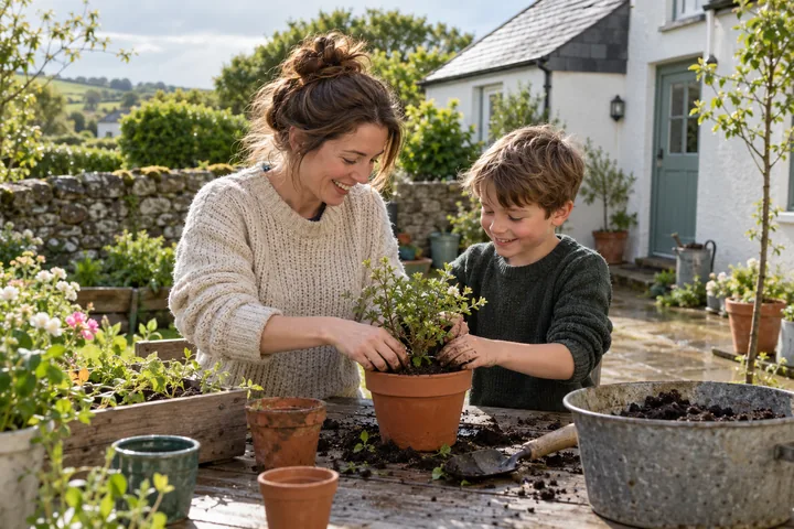 A parent and child planting together beside a white-rendered home and stone garden wall