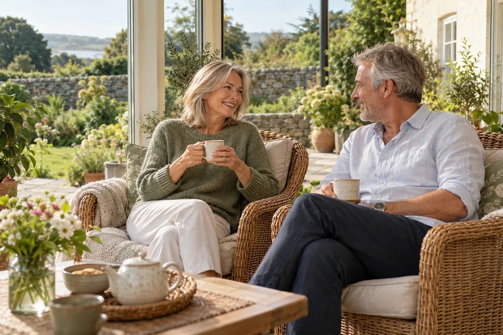 A couple sharing a quiet cup of tea overlooking their garden