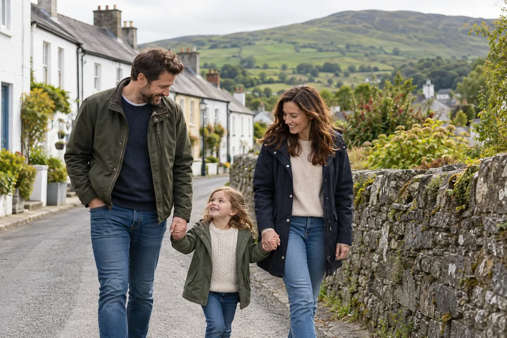 A family walking together through an Irish village