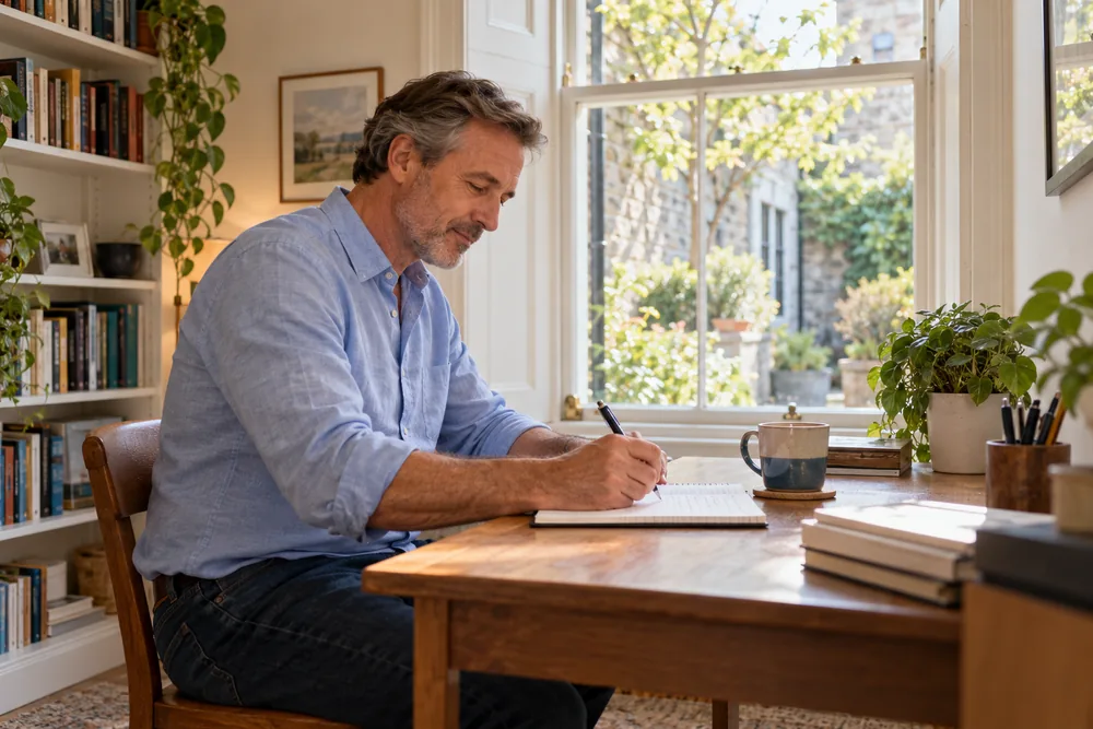 A man making a short list in a notebook beside a bright sash window