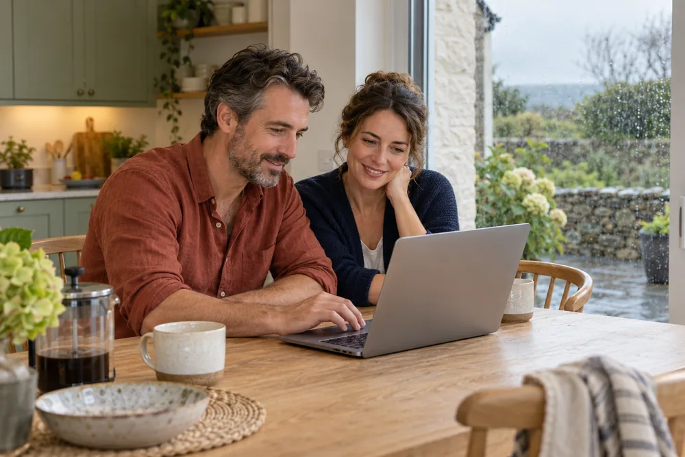 A couple working through their plans together on a laptop at home