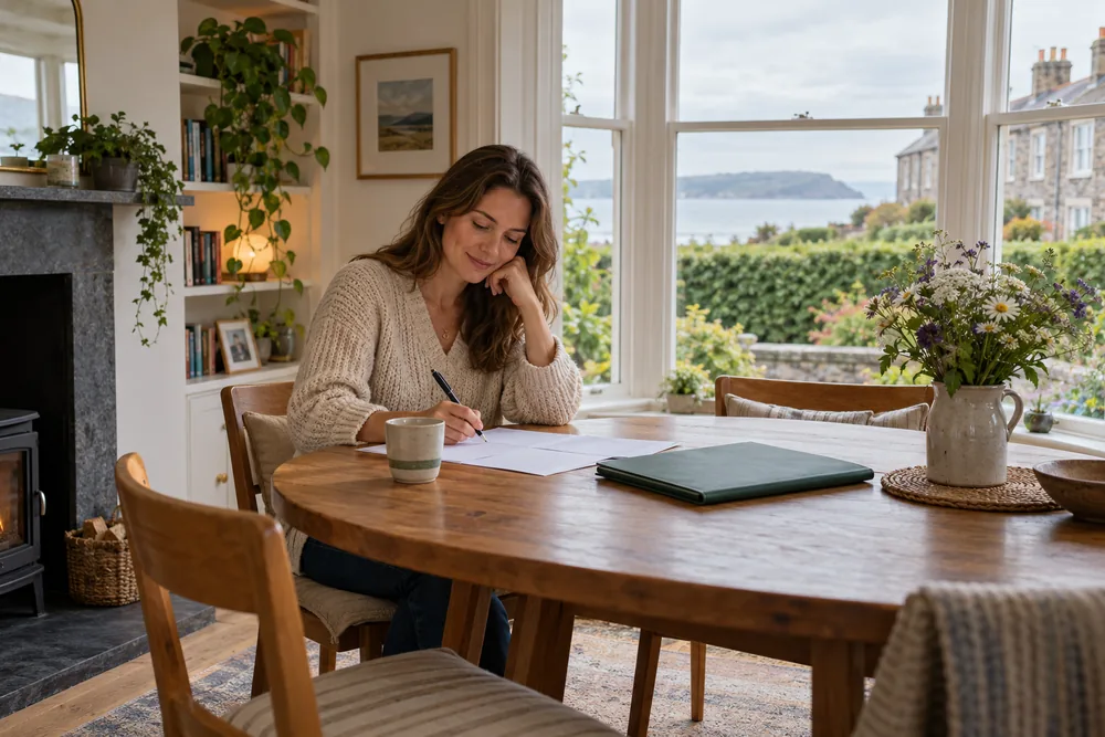 A woman putting her plans on paper at a table by a bay window
