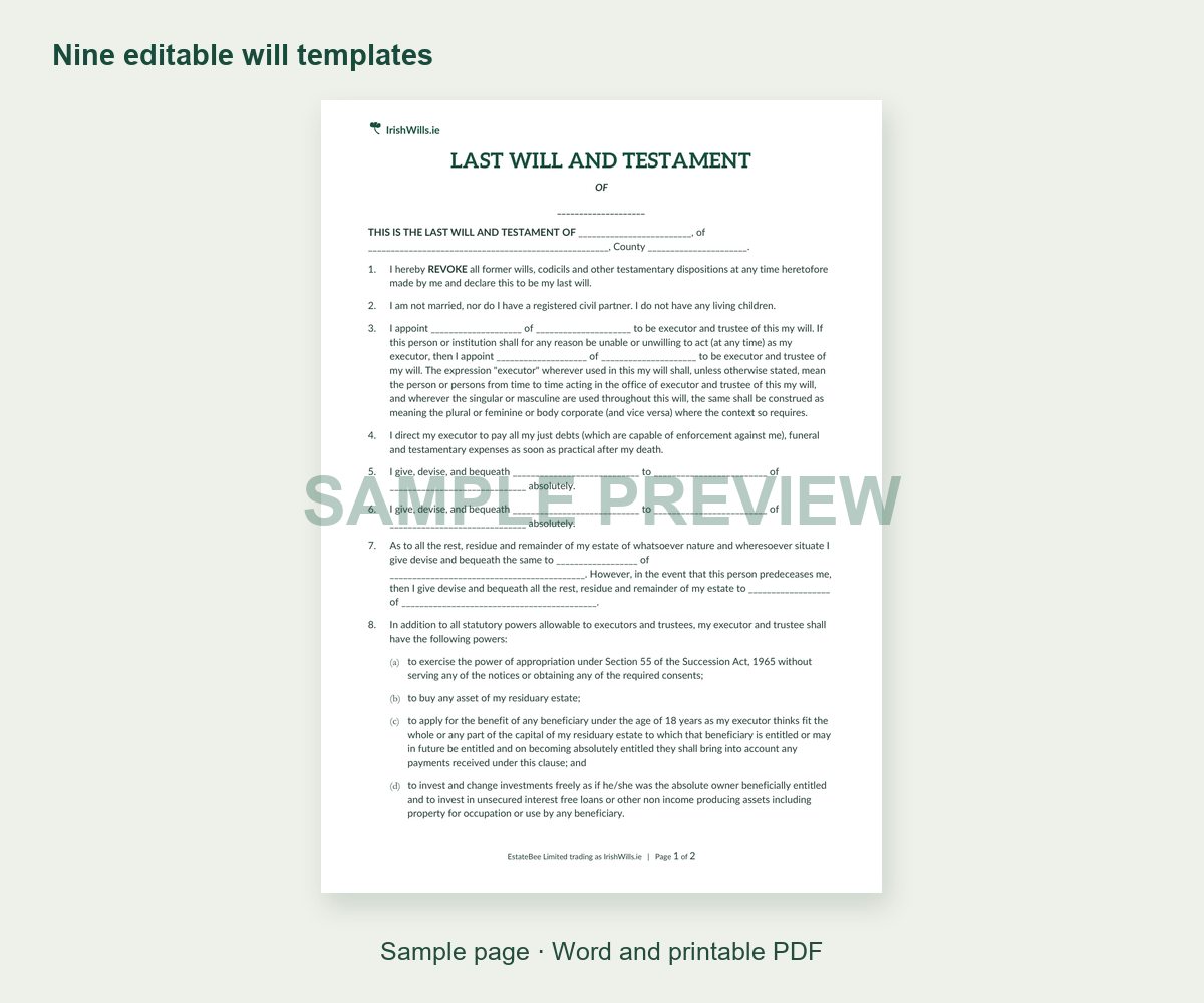 Sample last will and testament form included in the Irish will kit
