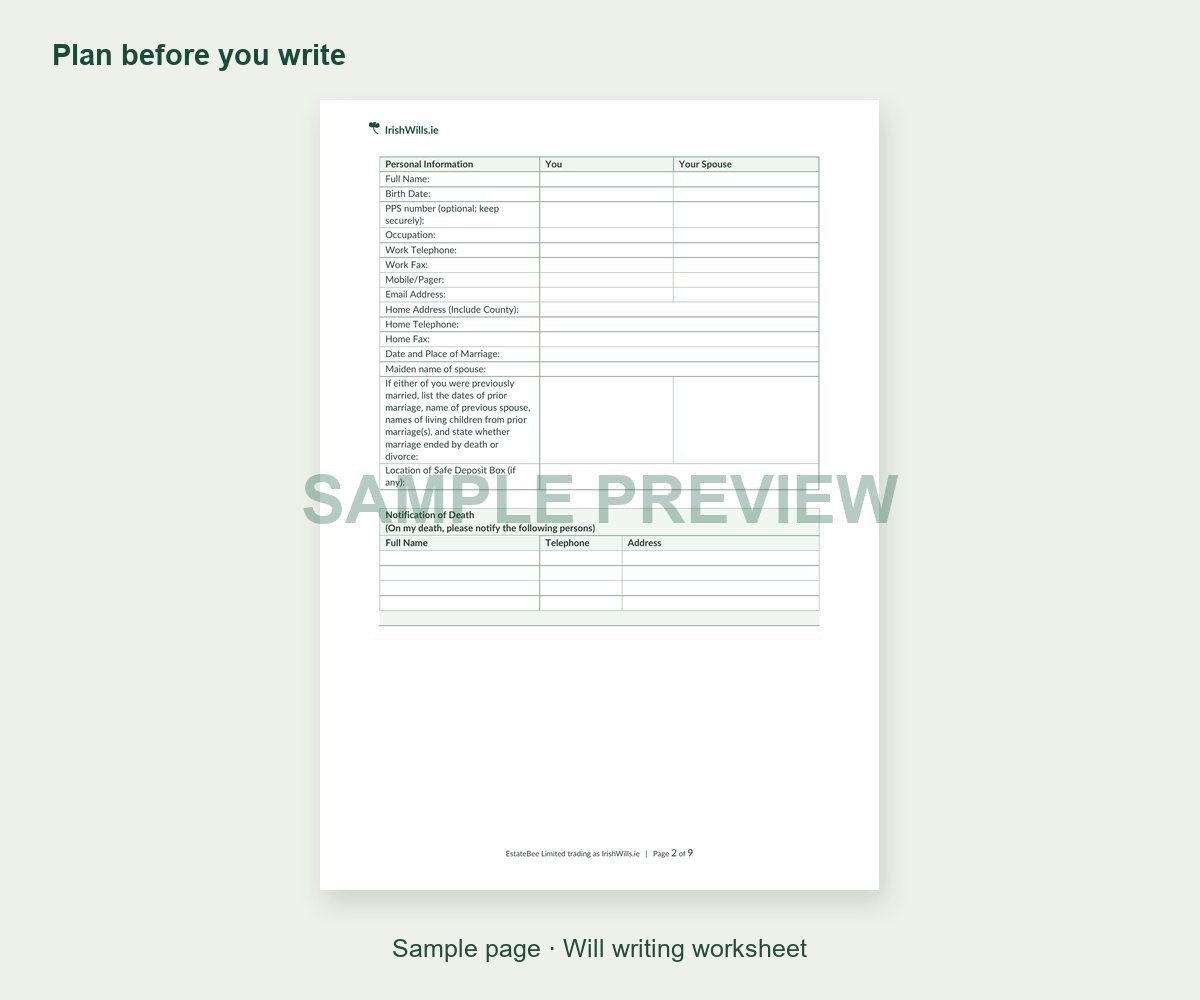 Preview of the included will planning worksheet