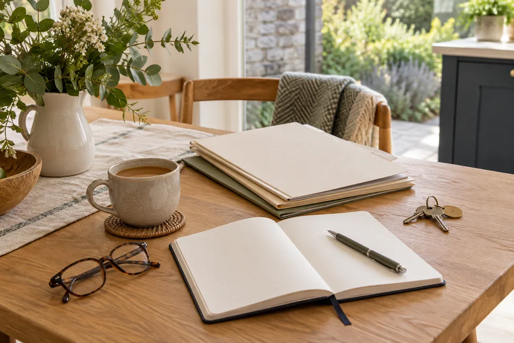 A notebook, folders and house keys arranged ready for planning