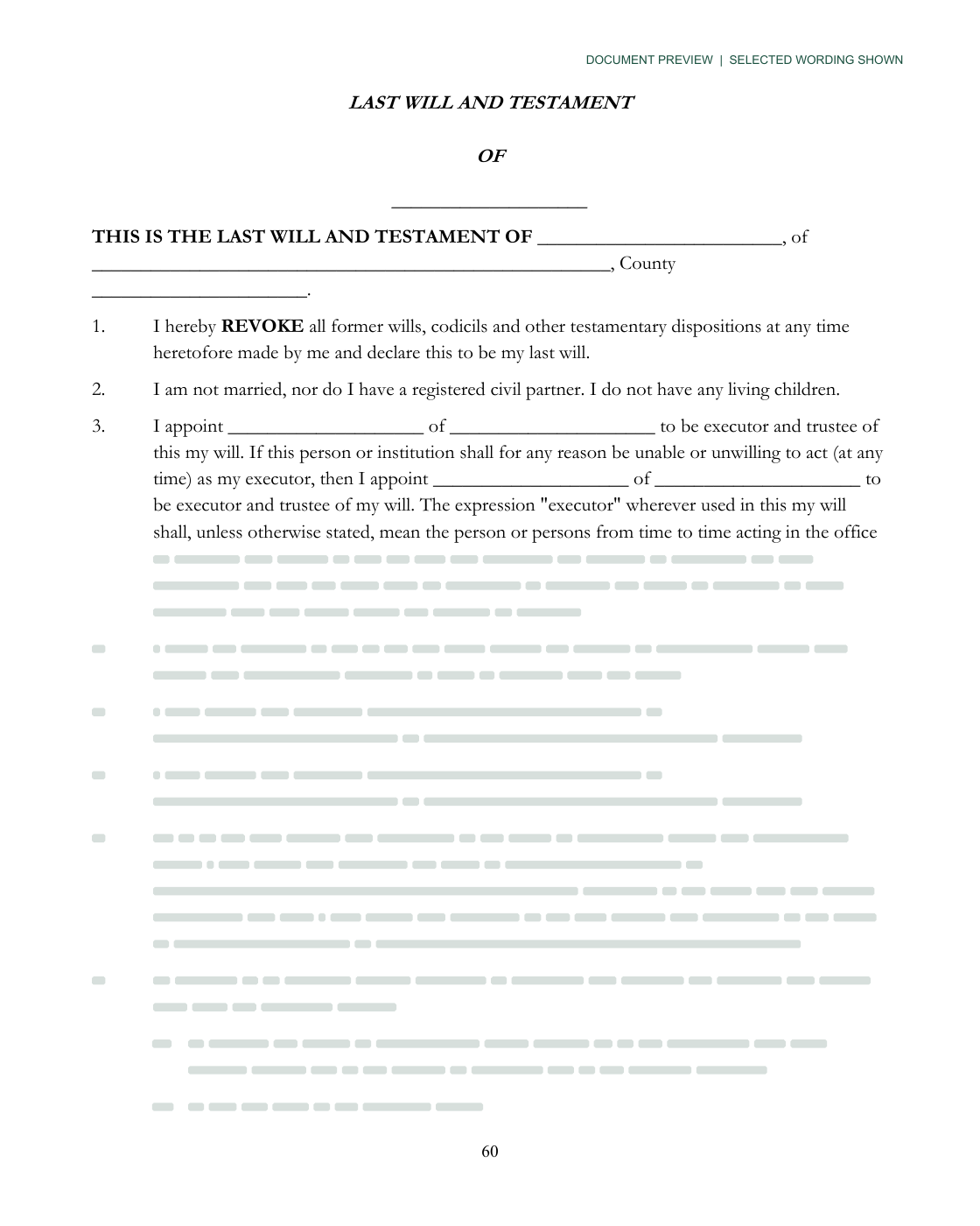 Sample last will and testament form included in the Irish will kit