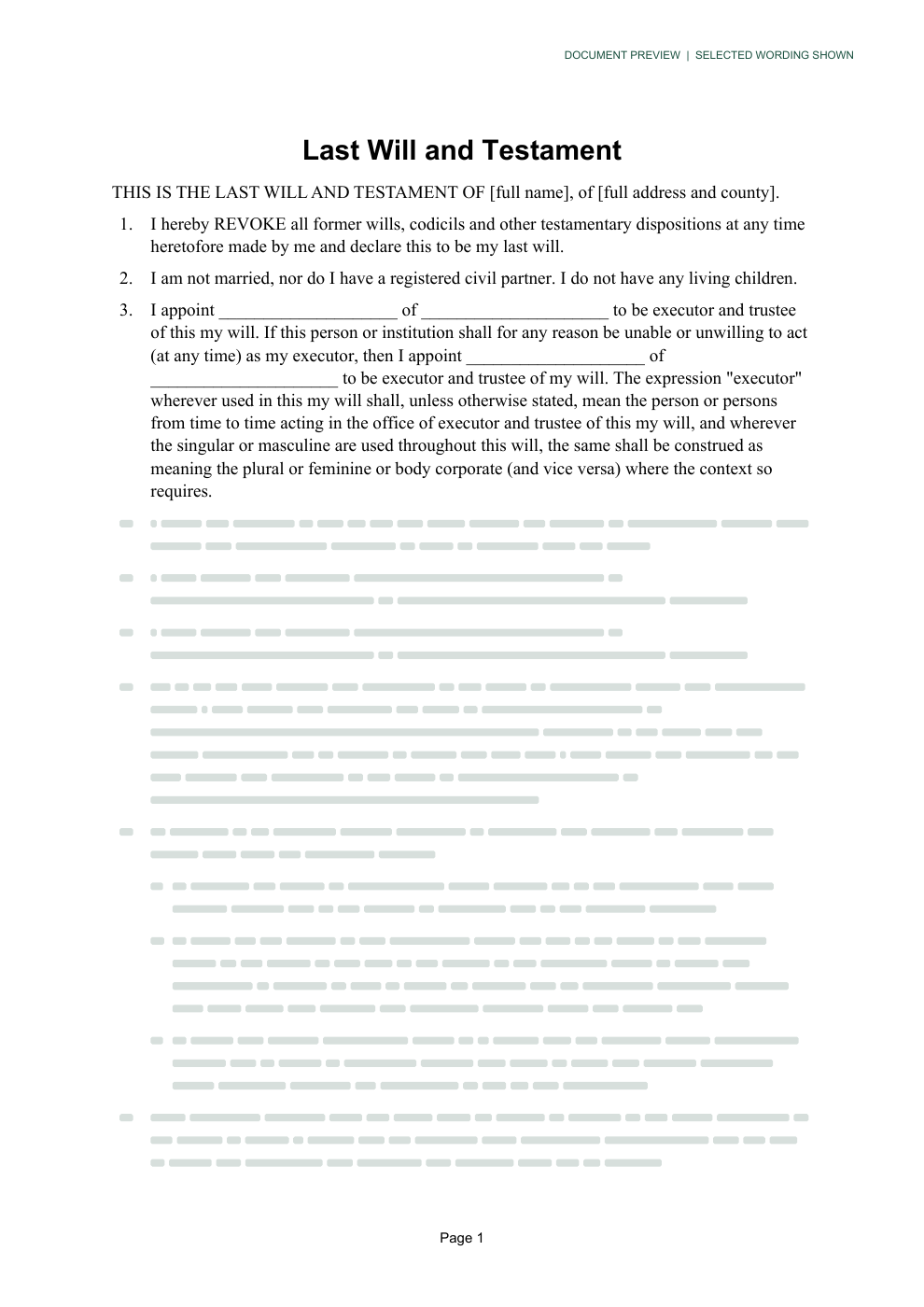 Preview of an IrishWills.ie last will and testament form