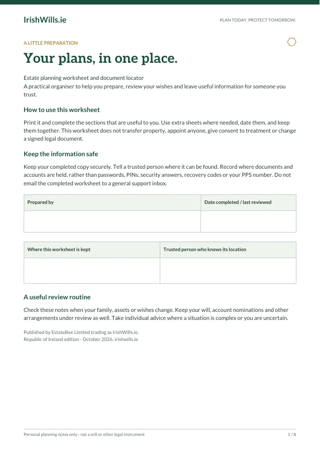 Estate planning worksheet — first page